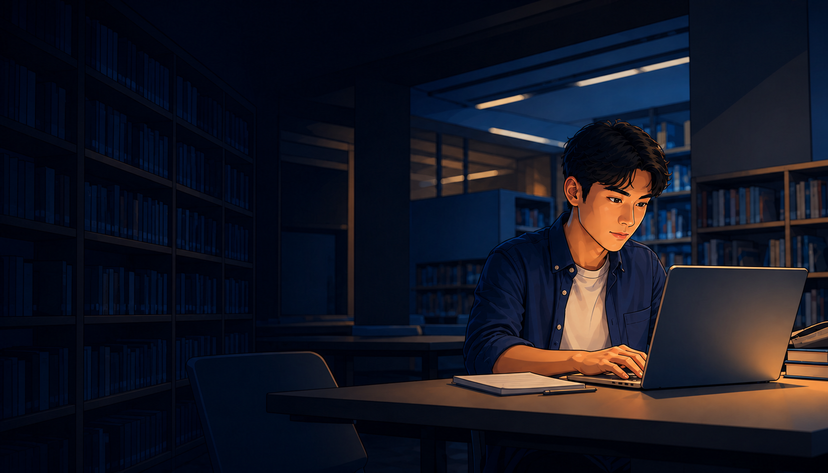 Ilustrasi mahasiswa Universitas Nusa Mandiri sedang belajar menggunakan laptop